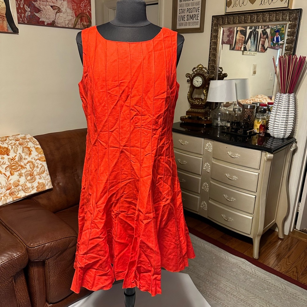 NWOT CALVIN KLEIN WOMENS RED COLOR LINEN BLEND MIDI DRESS SIZE 12